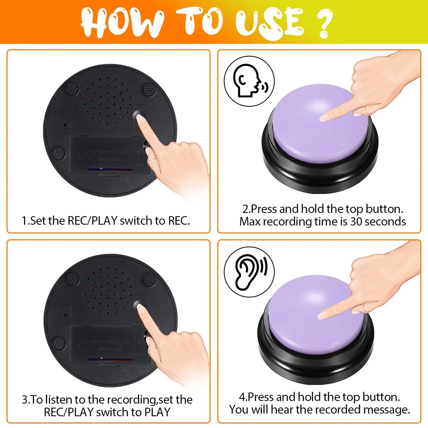 Recordable Talking Button Child Interactive Toy Phonograph Answer Buzzers Portable Recording Sound Button Party Noise Makers